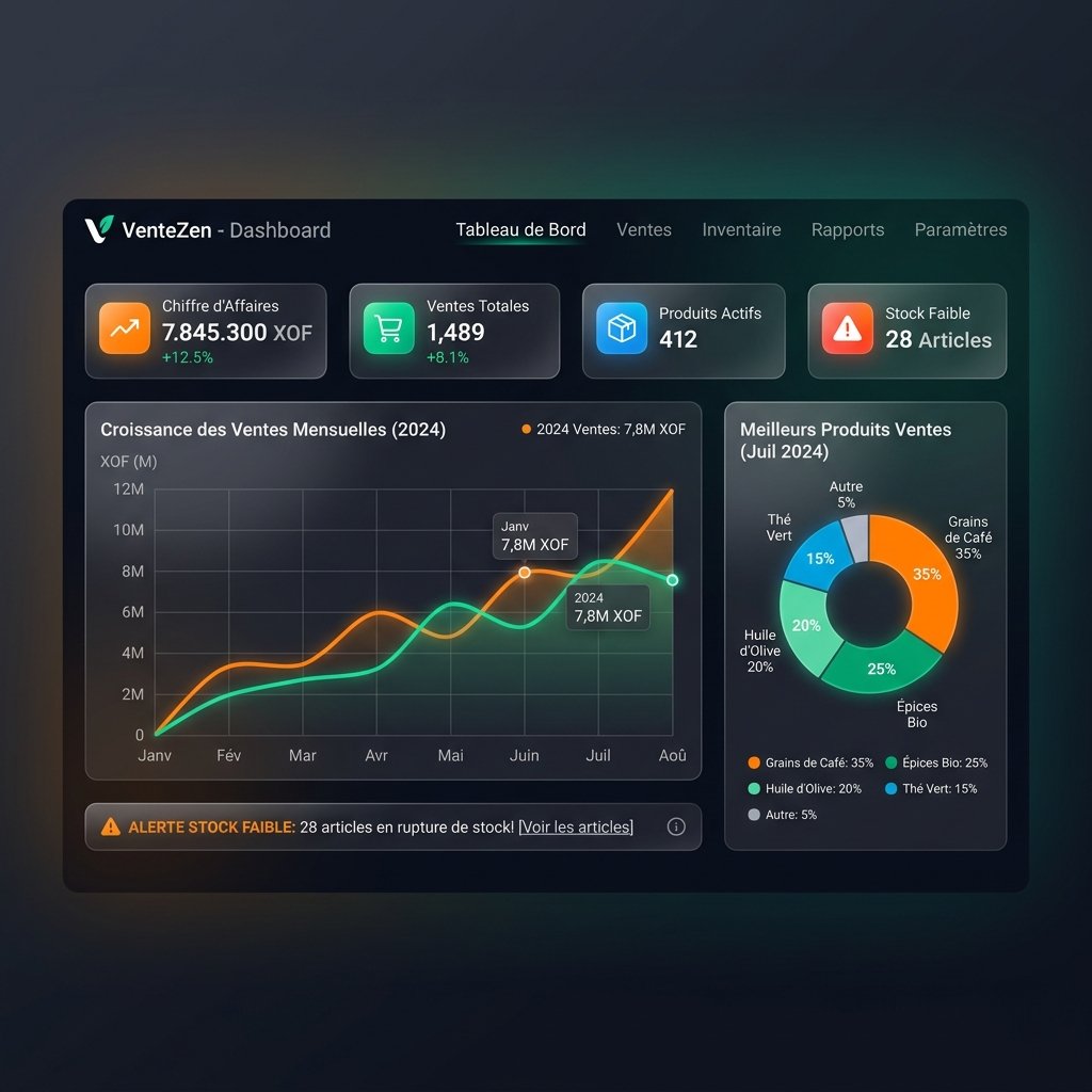 Interface du Tableau de bord VenteZen en mode sombre